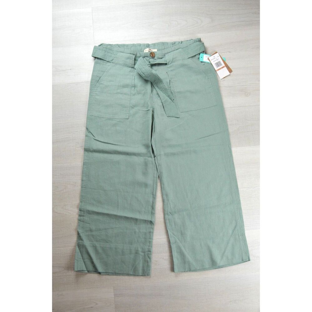 NWT Mason & Belle Sage Green Linen Blend Wide Leg Cropped Pants Tie Waist 12/31